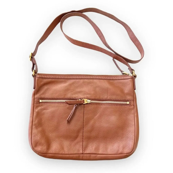 Fossil Handbags - Fossil Elise Brown Leather Crossbody Bag Pebbled Leather Tan Zip Pocket Cow Hide